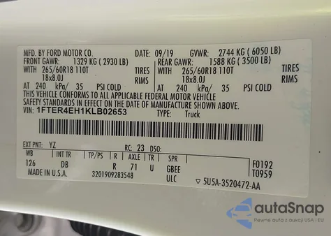 2019 Ford Ranger Lariat z USA, uszkodzony, nr VIN 1FTER4EH1KLB02653